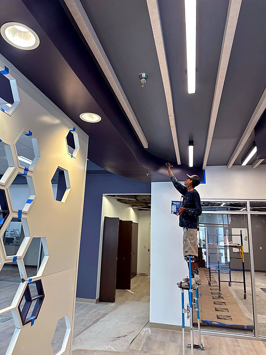 Antech Diagnostic cafeteria with hexagon wall and feature ceiling